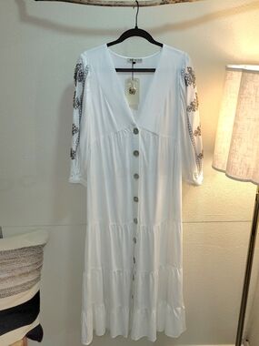 White Button-Front V-Neck Midi Dress with Embroidered Sleeves